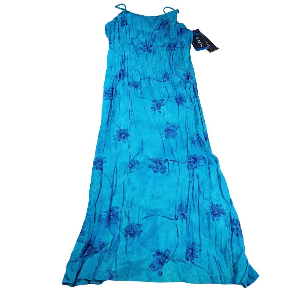 All That Jazz Maxi Dress Womens 13/14 Turquoise Floral New Vintage Crinkle Rayon